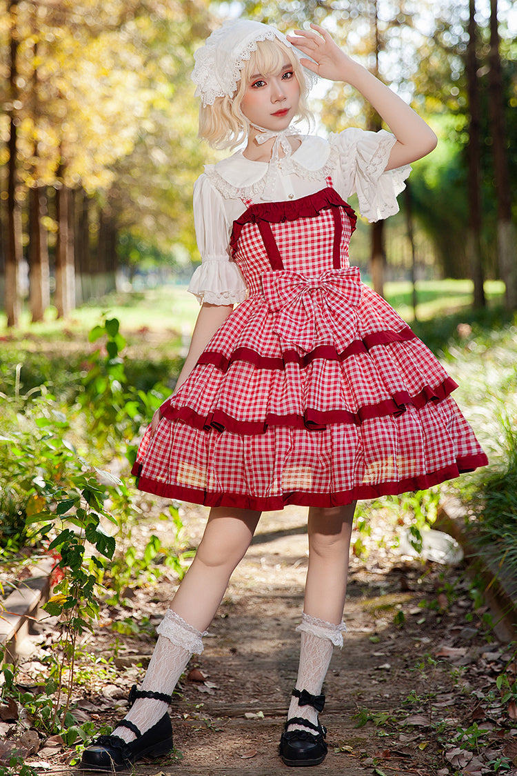 Red Cloth Cat Triple-Layered Plaid Print Ruffle Bowknot Sweet Lolita Dress