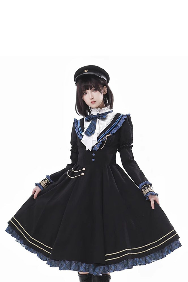 Black Breaking Dawn Stand Collar Long Sleeves Ruffle Gothic College Style Elegant Lolita Dress