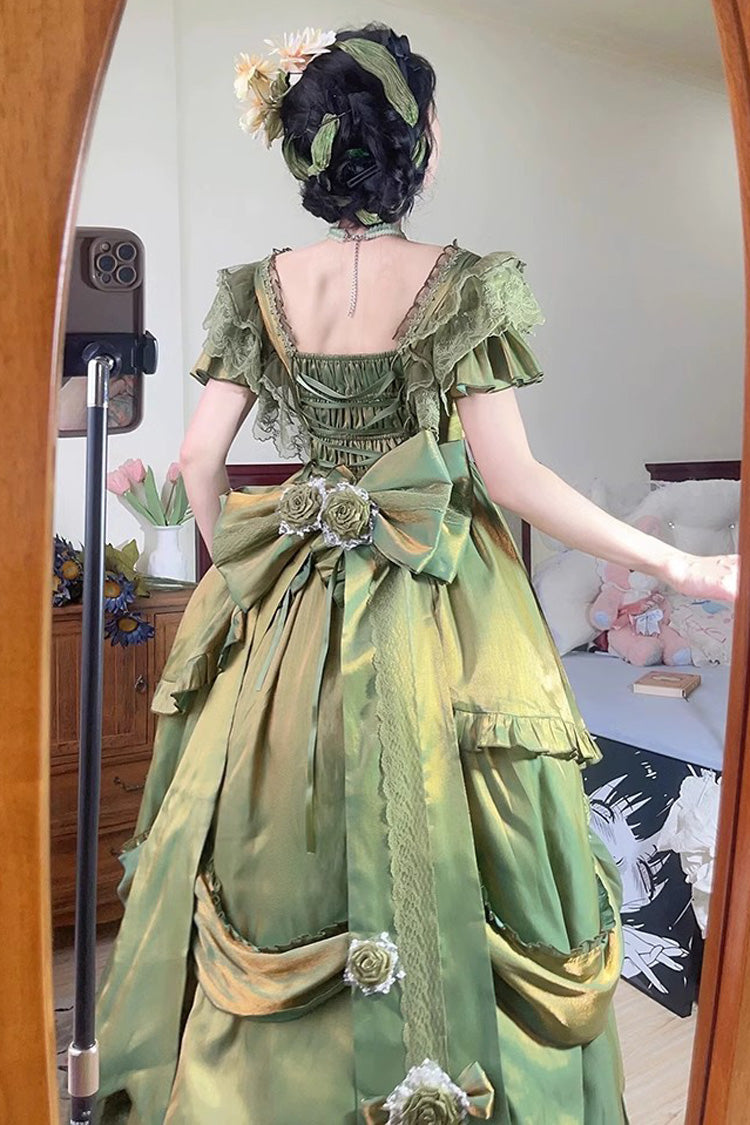 Green Tana Manor Rose Flower Long Sleeves Ruffle Bowknot Elegant Sweet Princess Lolita Strapless Dress