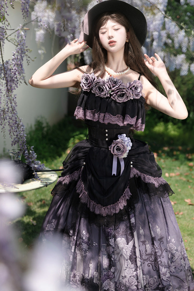 Black/Purple Angel Garden Sleeveless Print Ruffle Bowknot Lace Sweet Gothic Lolita Skirt Set