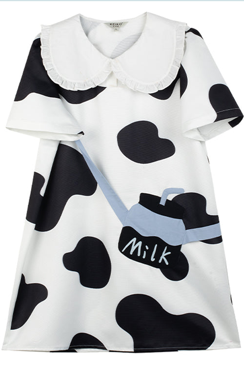 Black/White Doll Collar Short Sleeves Milk Cow Print Sweet Lolita Dress