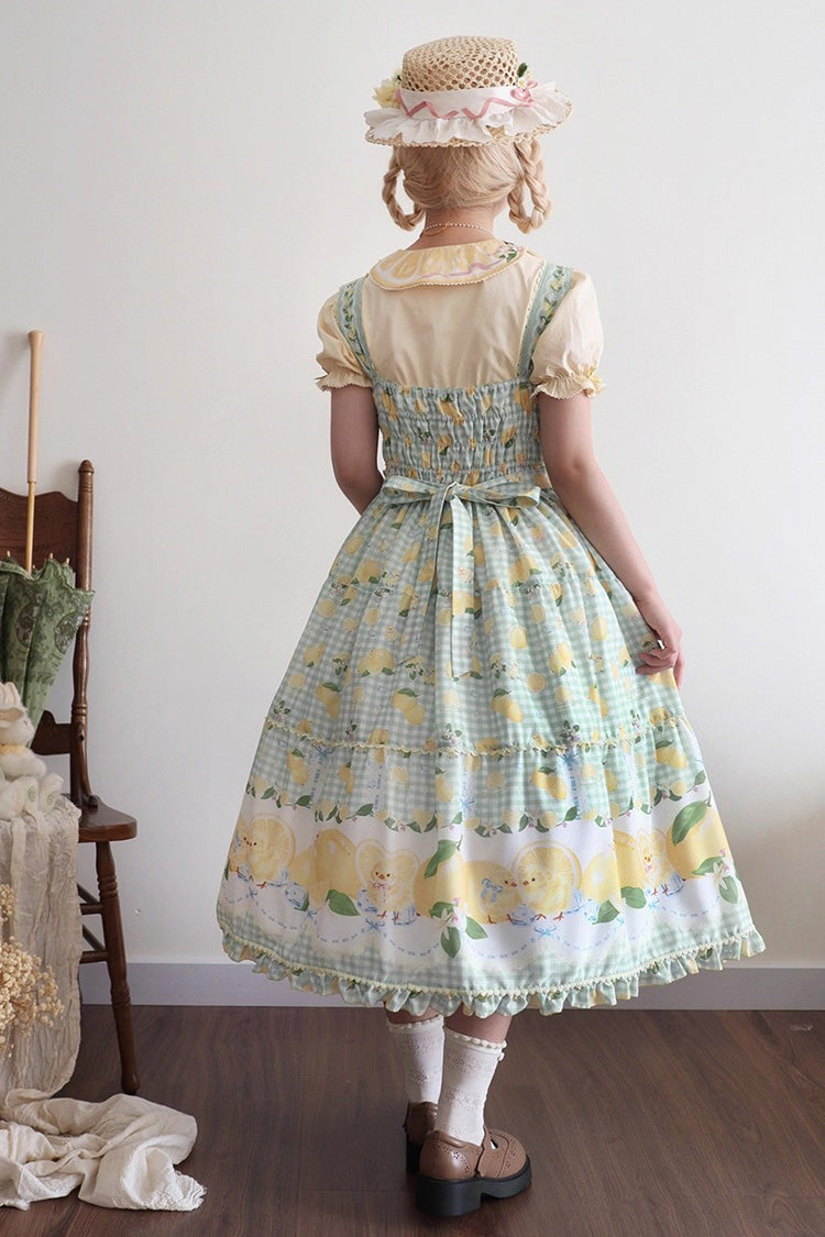 Green Lemon Chicken Print Ruffle Bowknot Lace Sweet Lolita Jsk Long Dress