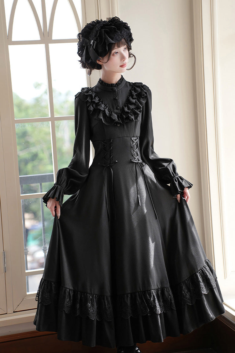 Letters & Poems · Day and Night Stand Collar Long Sleeves Ruffle Bowknot Lace-Up Gothic Lolita Dress 2 Colors