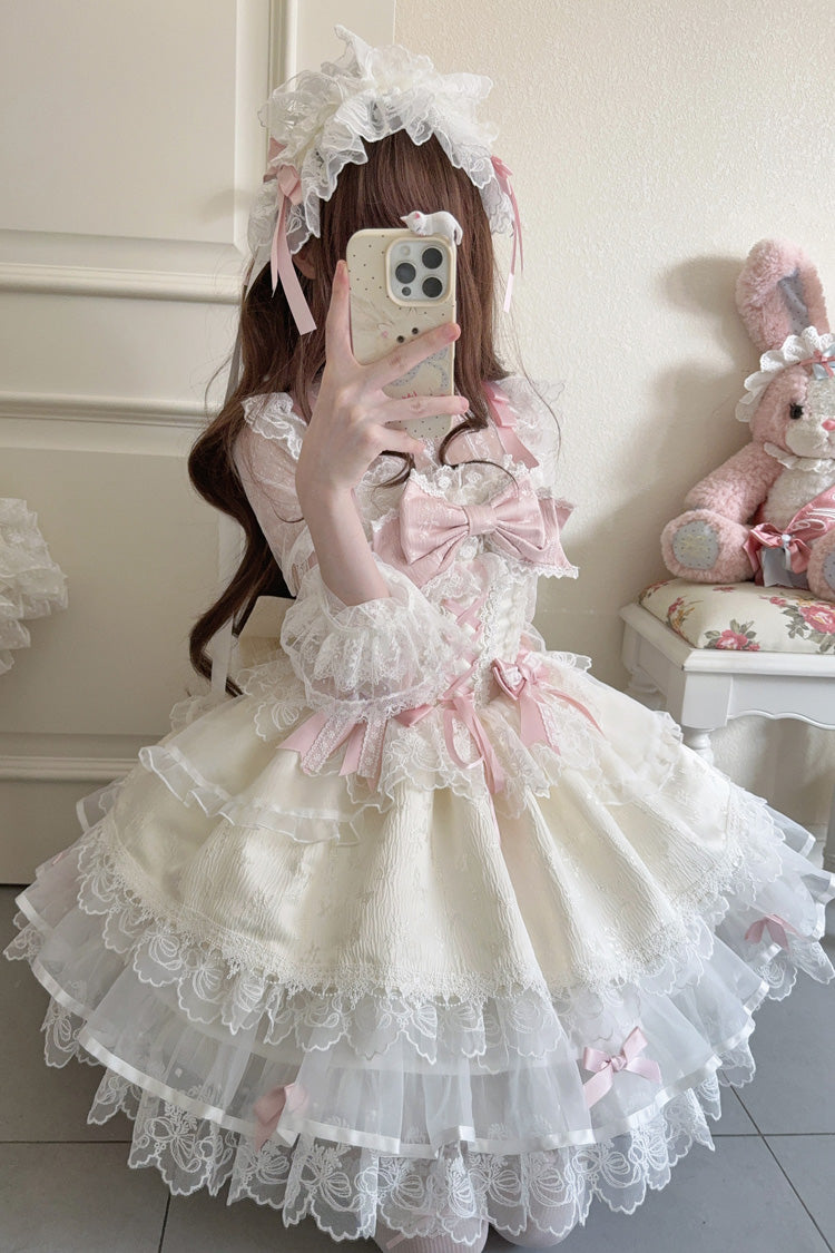 Apricot Fleishi Island Sleeveless Ruffle Bowknot Lace Slim Sweet Ballet Lolita Jsk Dress
