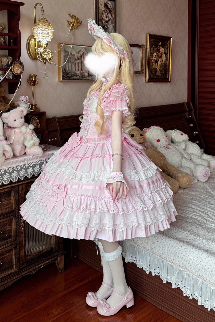 Pink Super Cute Belia Sleeveless Triple-Layered Ruffle Bowknot Lace Sweet Elegant Lolita Jsk Dress