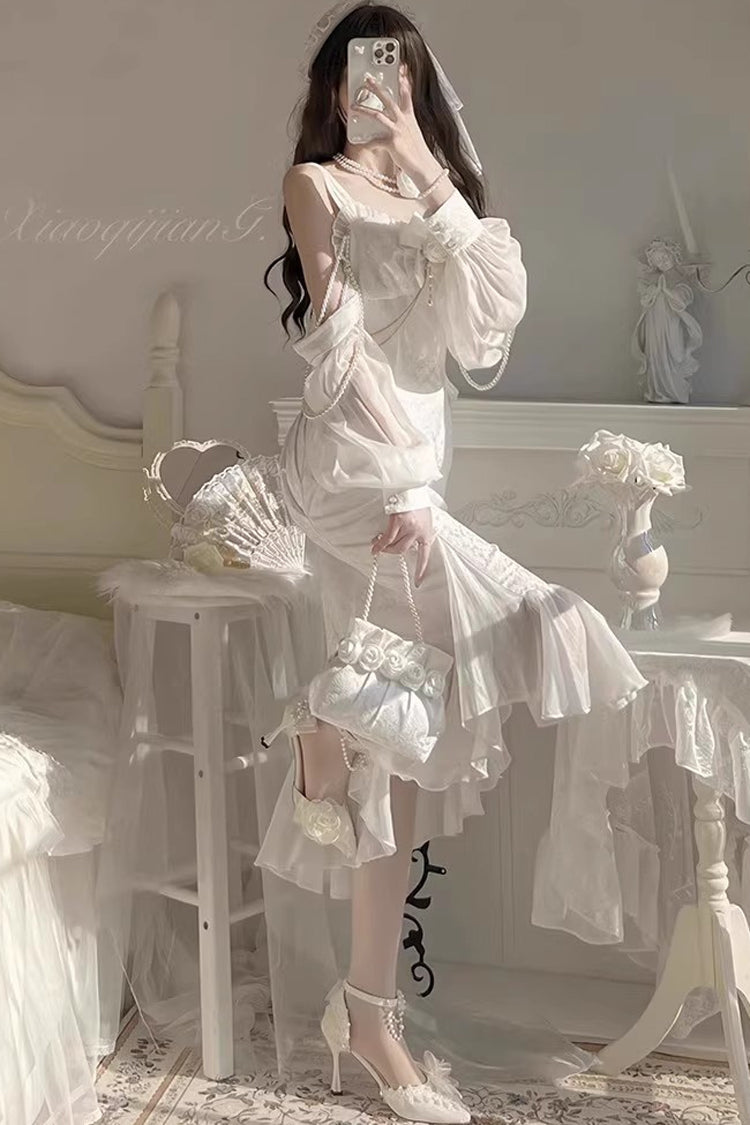 White Camellia 1.0 Sleeveless Jacquard Ruffle Lace Sweet Chinese Style Lolita Jsk Fishtail Dress