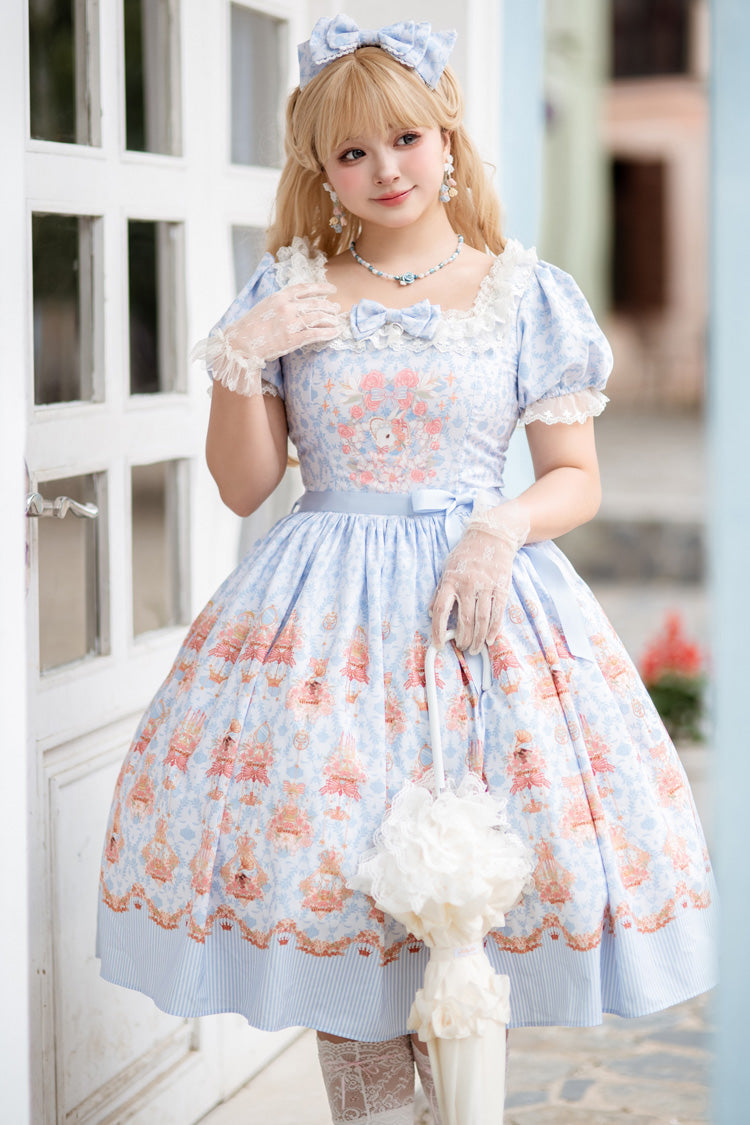 Blue Rose Garden Rabbit Print Ruffle Bowknot Sweet Lolita Dress
