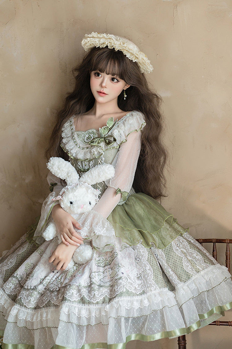 Green Teacup Rabbit Little Fresh Print Ruffle Bowknot Lace Lace-Up Sweet Lolita OP Dress