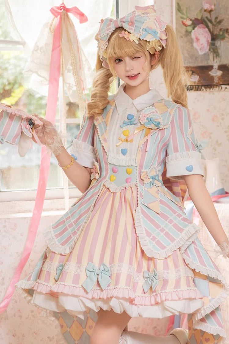 Blue/Pink Short Sleeves Weird Theater Print Ruffle Bowknot Sweet Lolita Dress