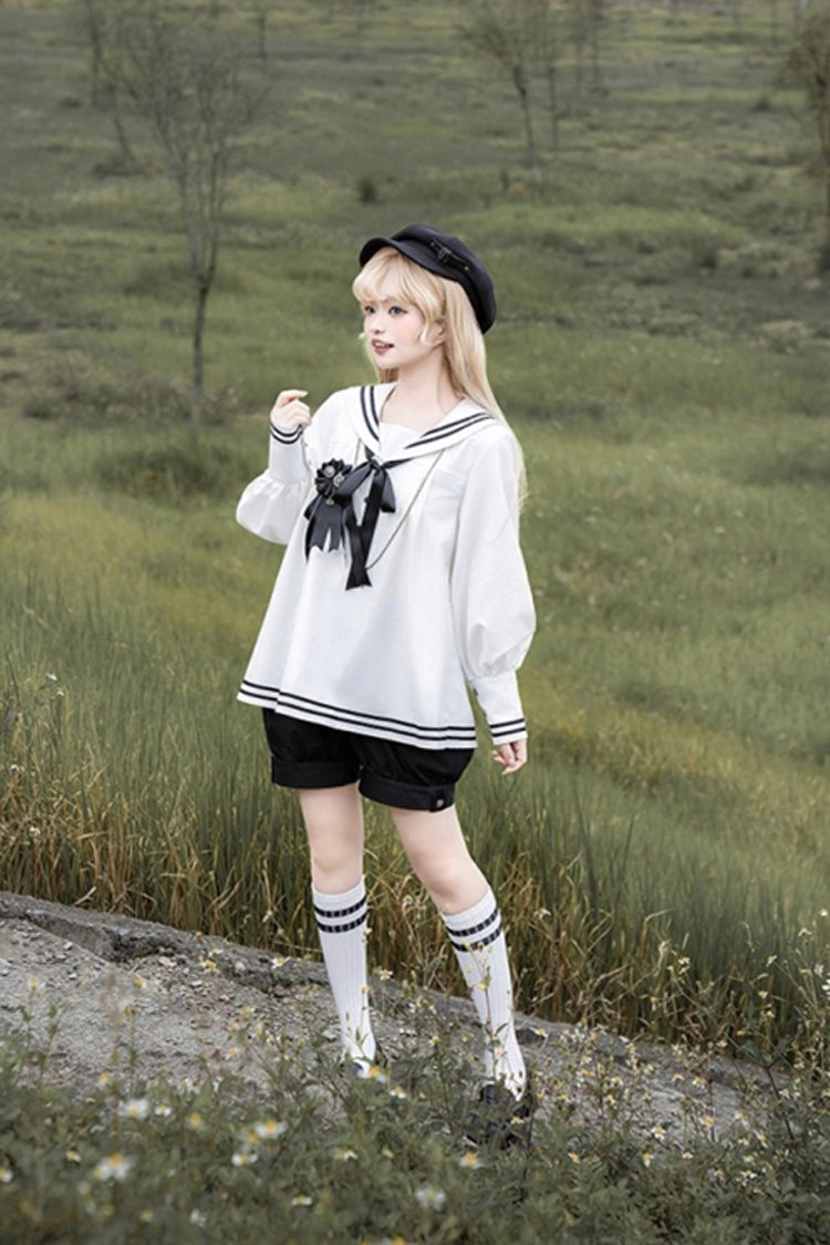 Black/White Old Stories Navy Collar Long Sleeves Bowknot Ouji Gothic Lolita Blouse Shorts Set