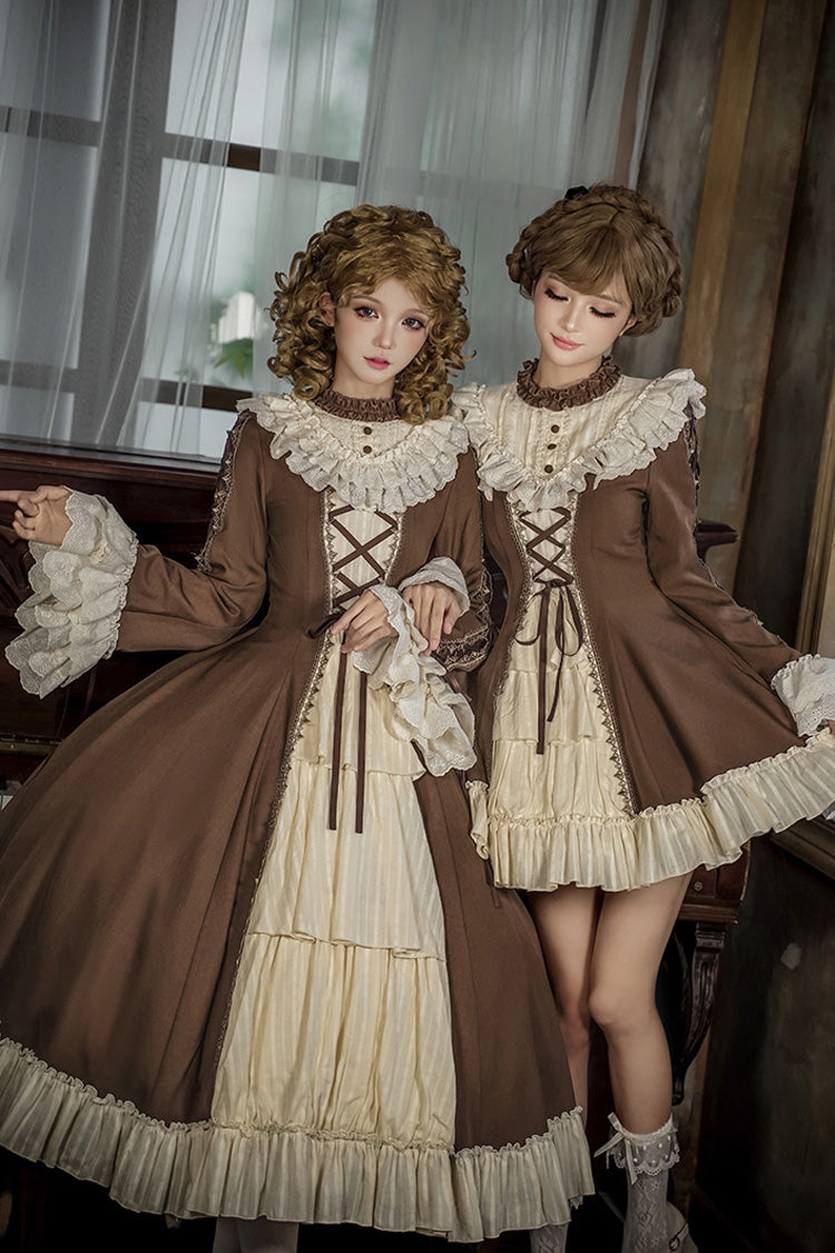 Brown/Beige Nutcracker Stand Collar Long Trumpet Sleeves Ruffle Cardigan Bowknot Lace-Up Sweet Lolita Dress Set 2 Versions