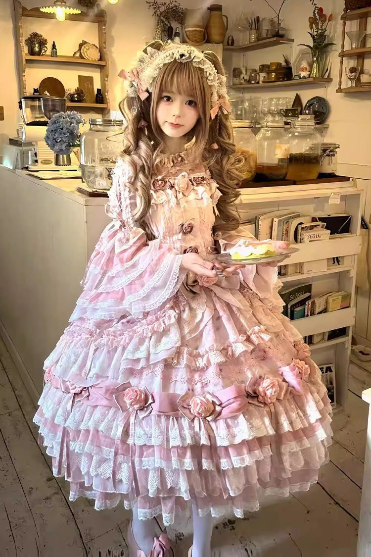 Pink Rose Manor Multi-Layered Ruffled Bow Lace Sweet Gorgeous Lolita Jsk Dress