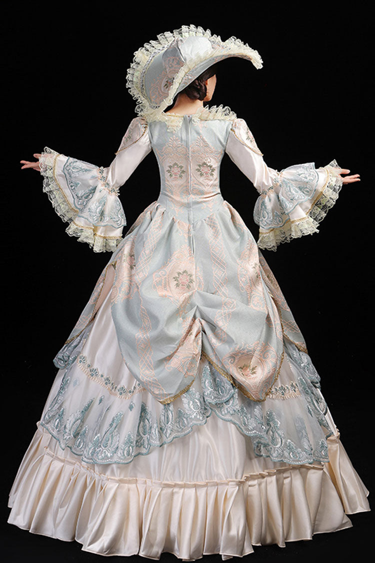Blue/Champagne Trumpet Sleeves High Waisted Ruffled Multi-Layer Hollow Embroidery Print Victorian Lolita Prom Dress