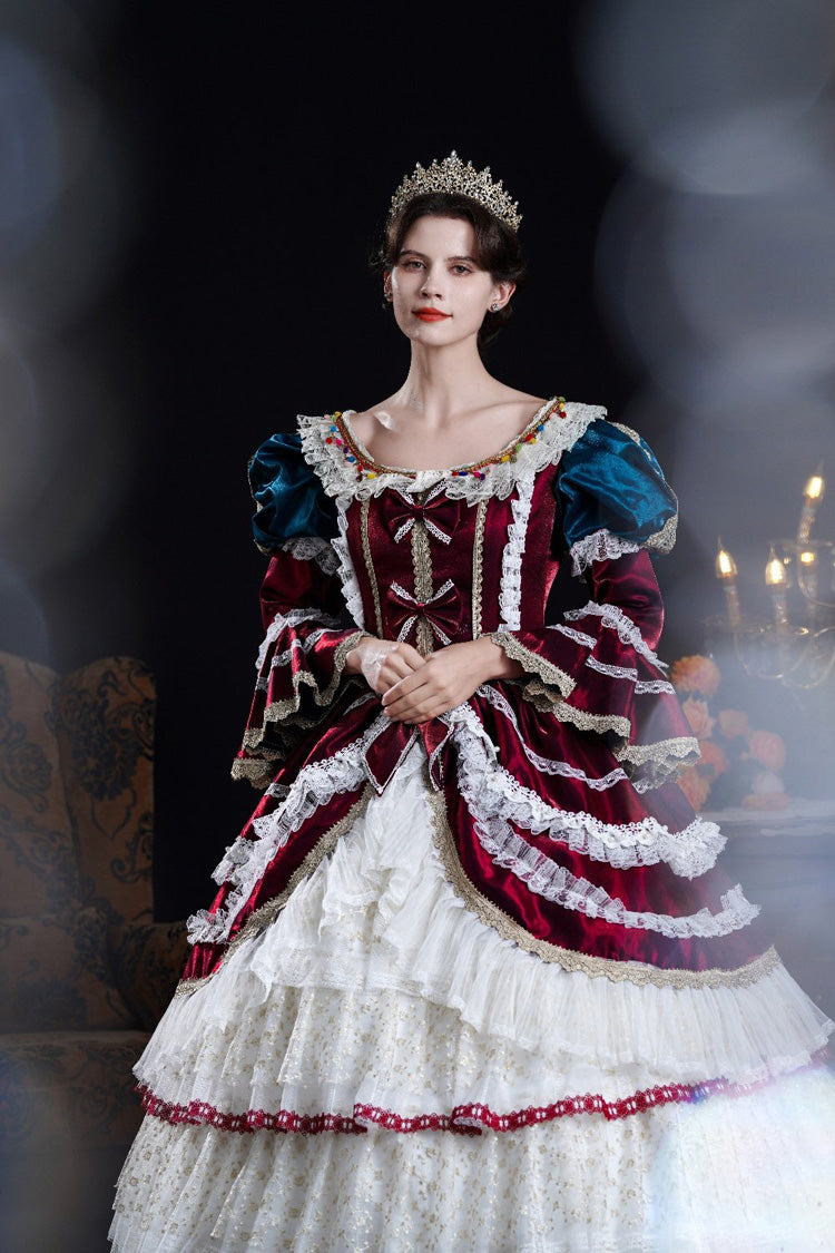 Wine/Ivory Round Collar Long Hime Sleeves Triple-Layered Ruffled Open-Front Bow Lace Classic Vintage Palace Lolita Victorian Dress