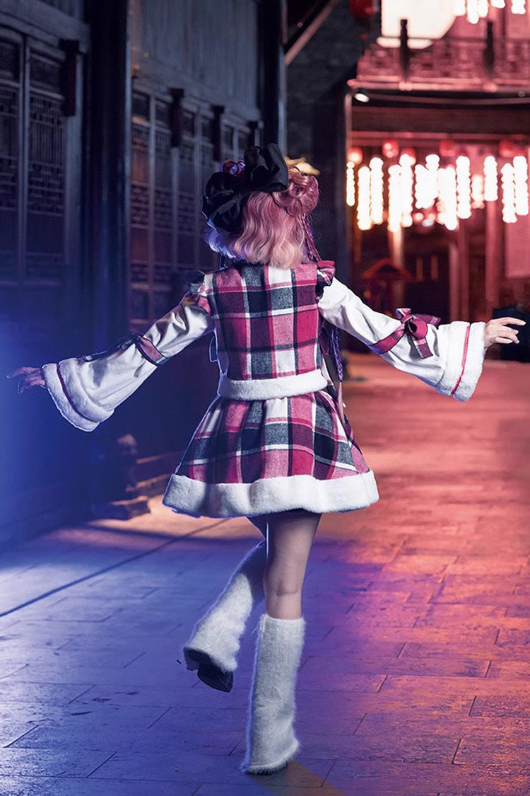 Multi-Color Plaid Print Bowknot Autumn Winter Sweet Chinese Style Lolita Skirt Set