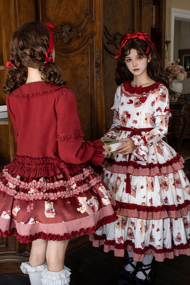 White/Pink Bell Strawberry Farm Print Long Sleeves Triple-Layered Ruffle Sweet Lolita Dress