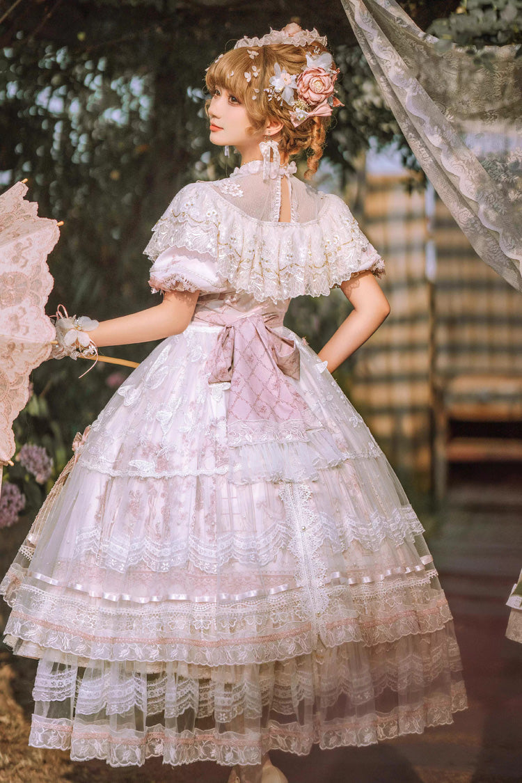 White/Pink Realm of Sunset Short Sleeves Printed Ruffled Hanayome Bow Lace Gorgeous Sweet Lolita Dress Set
