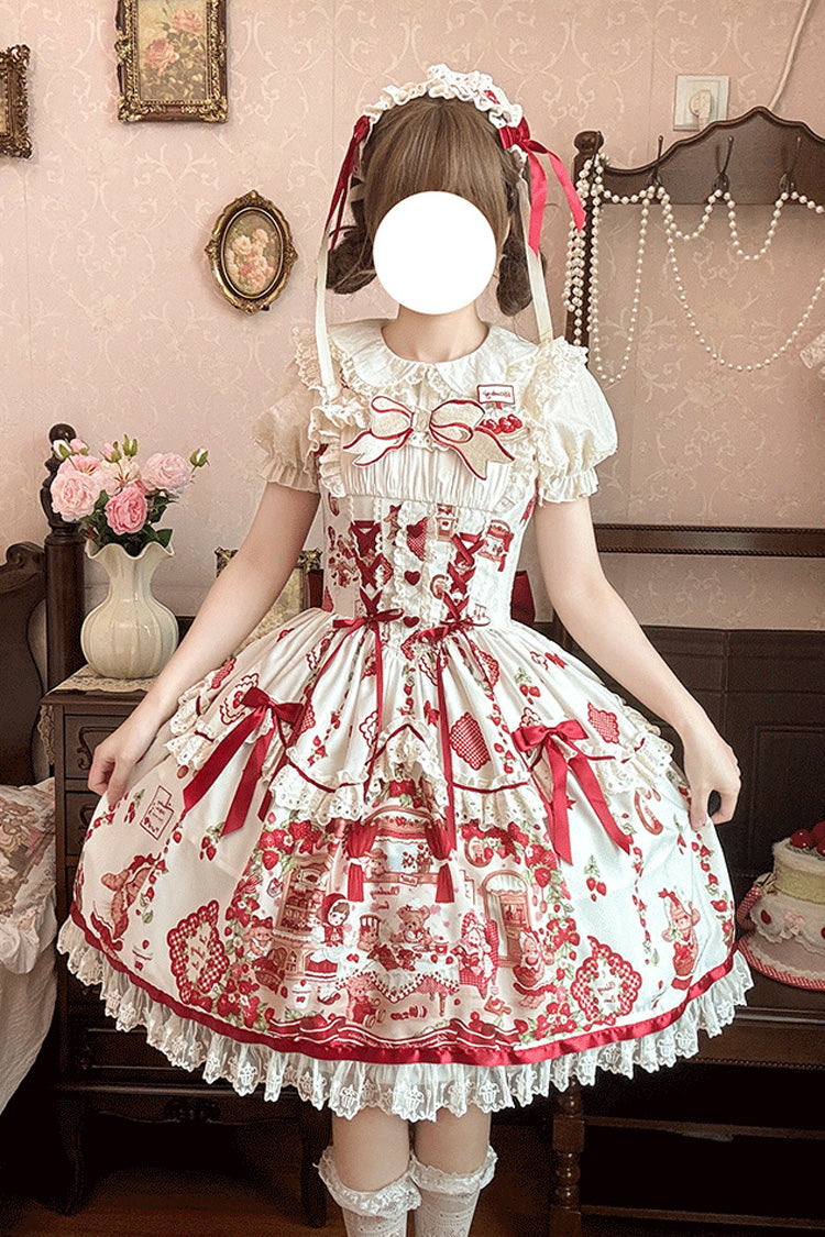 Ivory/Red Strawberry Bear Sleeveless Print Ruffle Embroidery Bowknot Lace Sweet Lolita Jsk Dress
