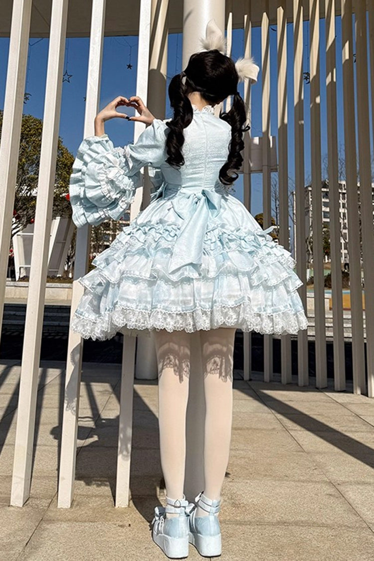 Blue The Soloist Doll Long Hime Sleeves Multi-Layered Print Ruffle Bowknot Asymmetric Sweet Lolita Dress