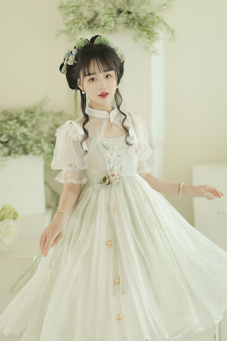 Mint Green Sleeveless Lily Embroidery Cute Lolita Jsk Dress