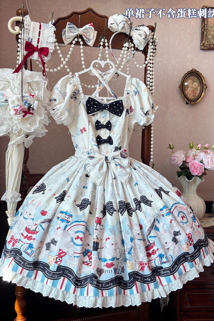Beige Mystery Rabbit Tea Party Square Collar Short Sleeves Print Ruffle Bowknot Lace Sweet Lolita Dress