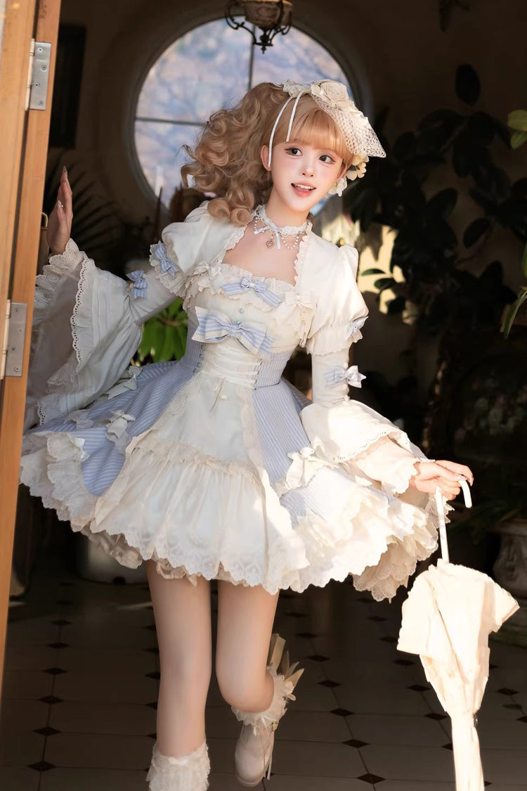 Blue Letter Paper Sleeveless Double-Layered Printed Ruffled Open-Front Bow Lace-Up Sweet Lolita Jsk Dress (Short Version)