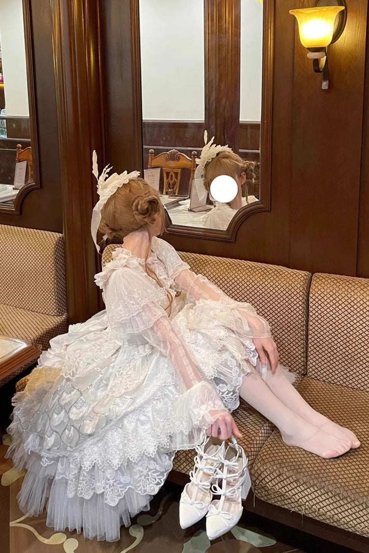 White Peacock Feather Multi-Layered Ruffle Hanayome Cardigan Bowknot Lace Sweet Lolita Jsk Dress Set