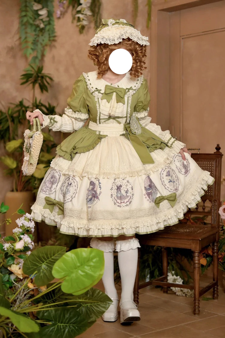 Green Little Ida's Flowers Short Sleeves Print Ruffle Bowknot Sweet Lolita Dress