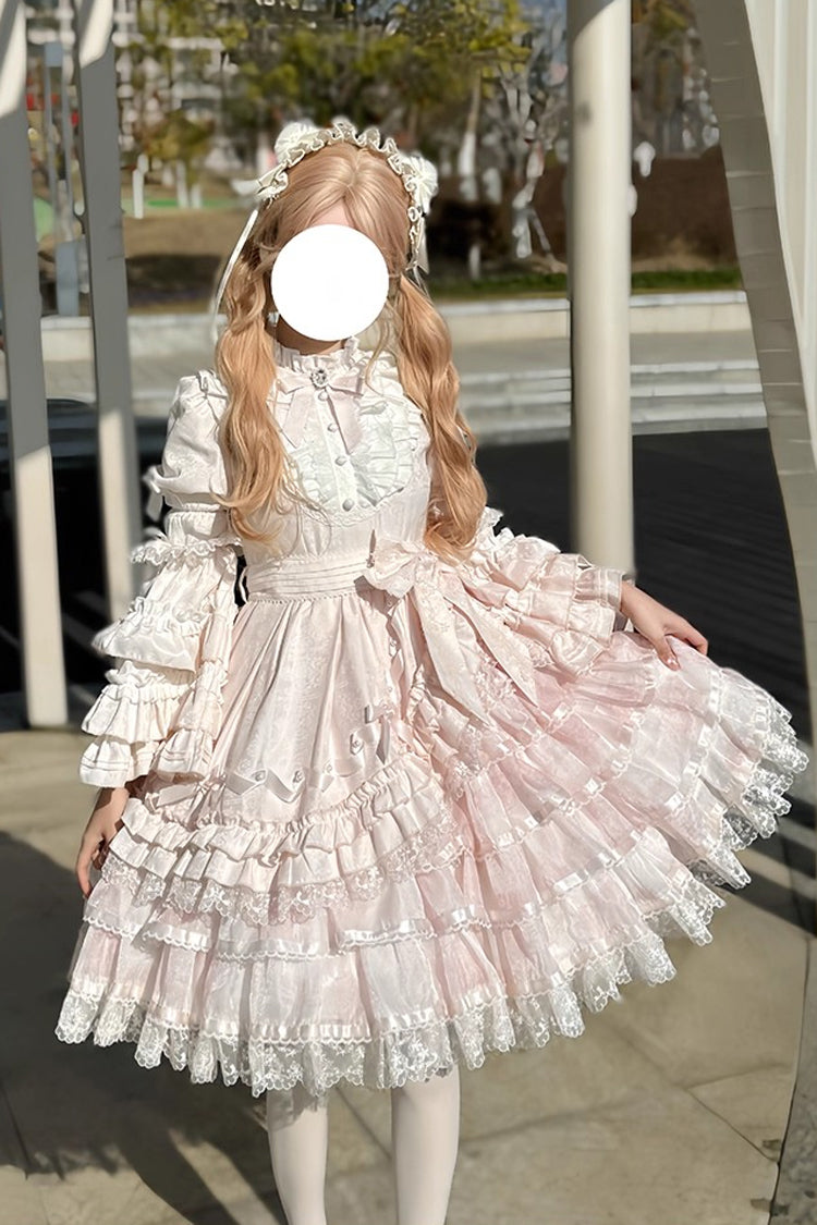 Pink The Soloist Doll Long Hime Sleeves Multi-Layered Print Ruffle Bowknot Asymmetric Sweet Lolita Dress