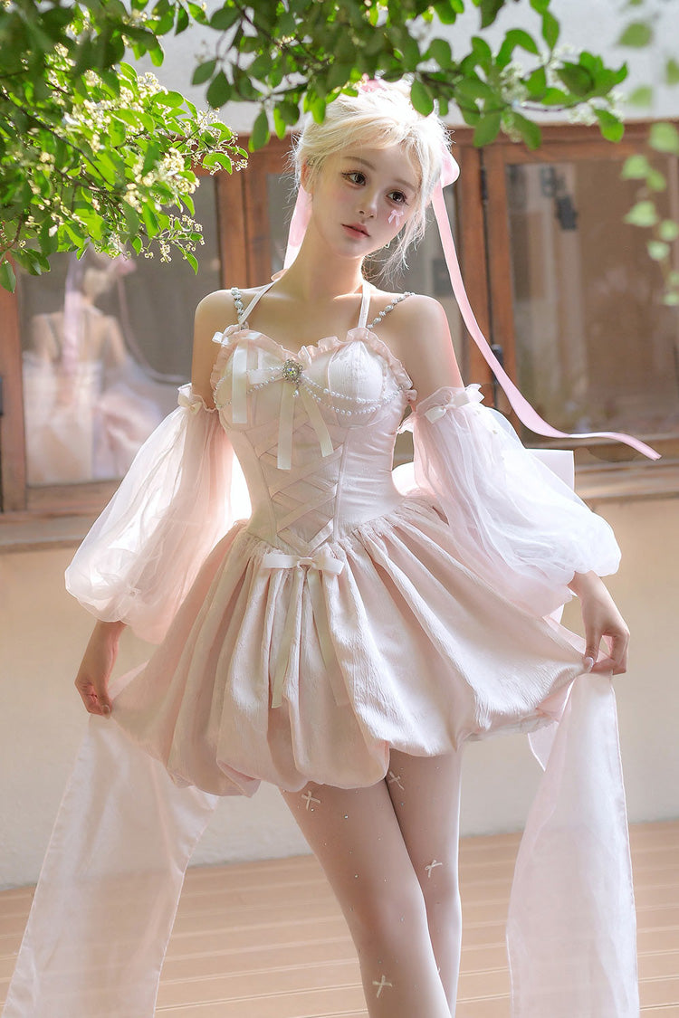 Pink The Runaway Princess Sleeveless Ruffle Bowknot Lace-Up Sweet Lolita Jsk Tulip Dress Set