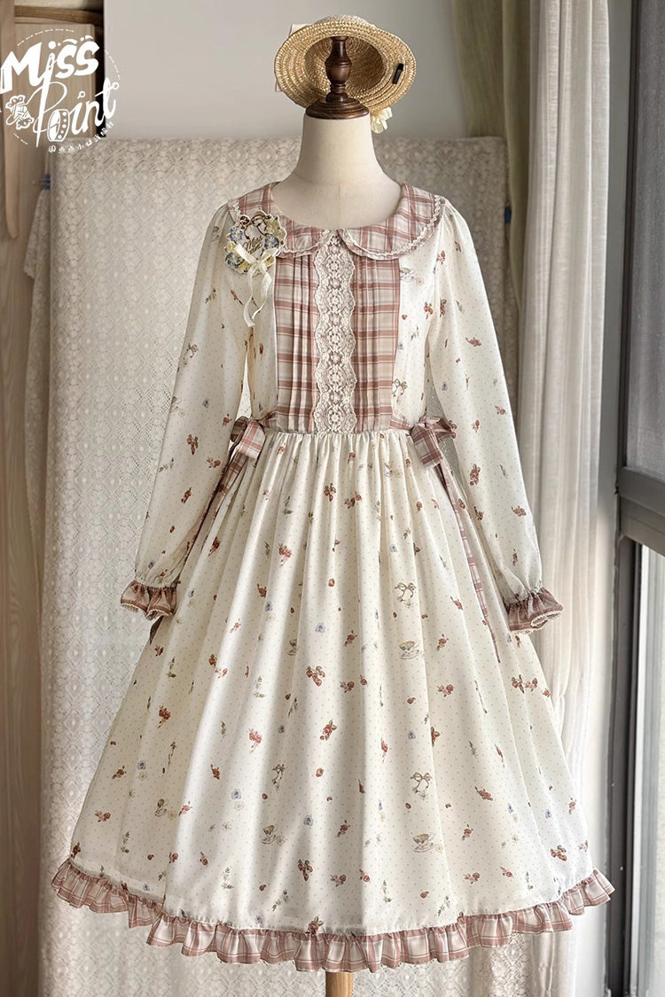 Ivory Round Collar Long Sleeves Print Ruffle Bowknot Sweet Elegant Lolita Dress