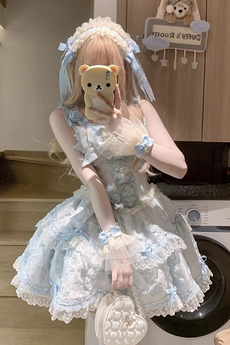 Blue Floral Overture Double-Layered Ruffle Embroidery Bowknot Lace Sweet Lolita Jsk Dress