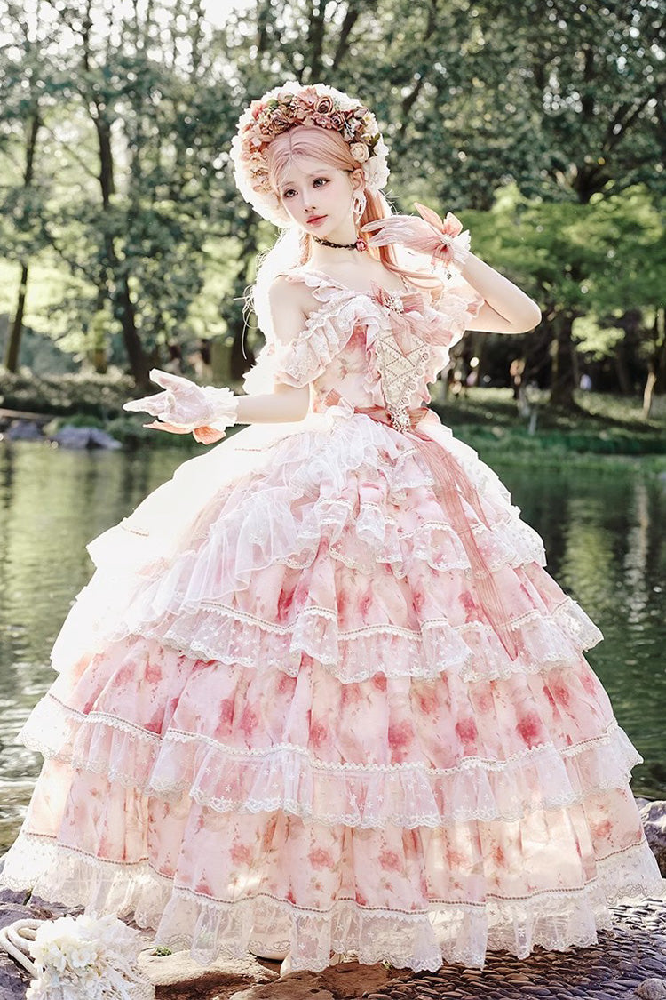 Pink Rose Letter Off Shoulder Triple-Layered Print Ruffle Hanayome Sweet Princess Lolita Dress