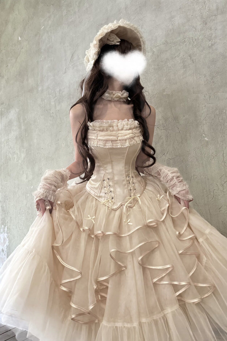 Ivory The Summer Waves Sparkle Square Collar Sleeveless Multi-Layered Ruffled Bow Lace-Up Slim Sweet Lolita Skirt Set