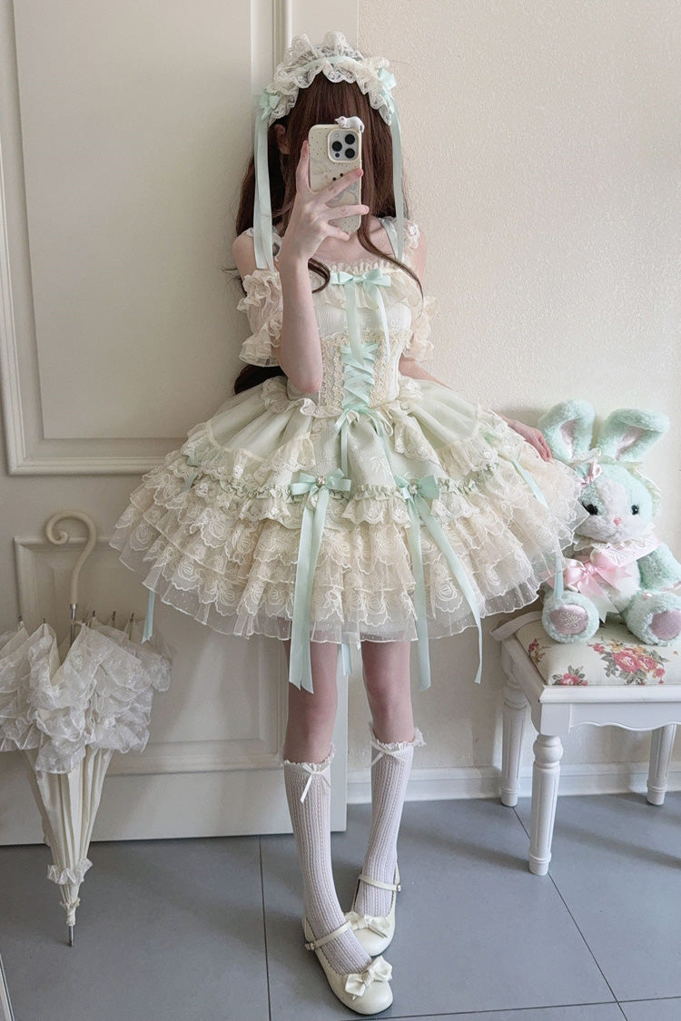 Green Ribbon Heart Love Sleeveless Multi-Layered Ruffle Bowknot Lace Lace-Up Sweet Princess Ballet Lolita Jsk Dress