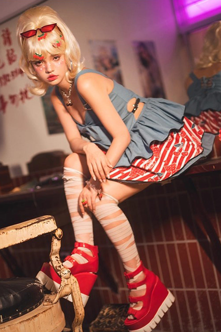 Blue Cherry Sleeveless Triple-Layered Print Ruffle Bowknot Denim Sweet Japanese Vintage Lolita Jsk Dress