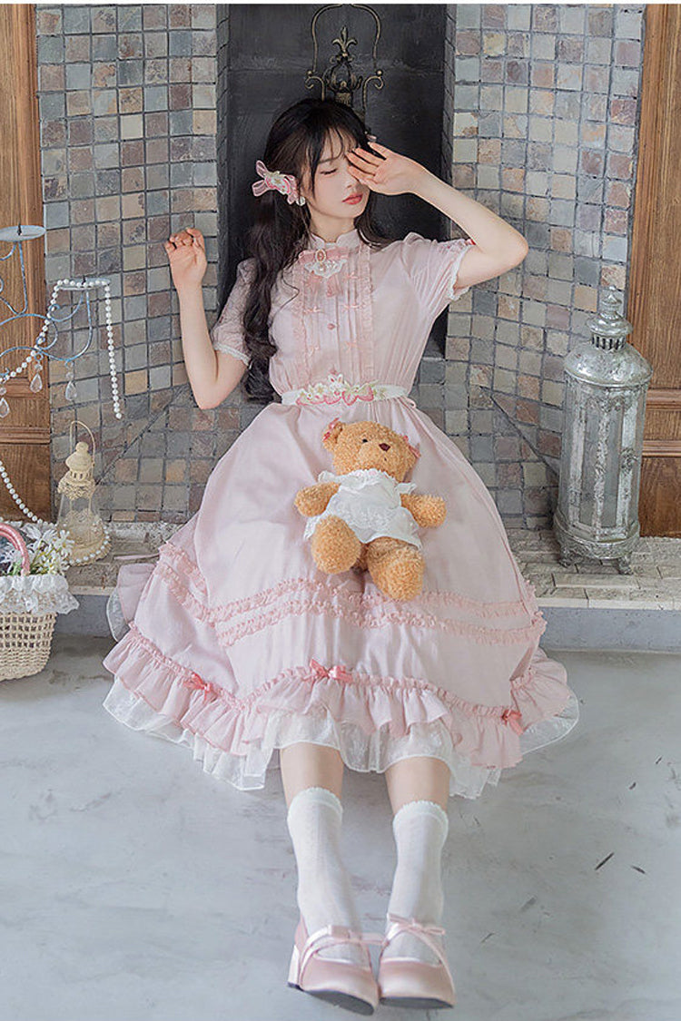 Pink Round Collar Short Sleeves High Waisted Ruffled Strawberry Midsummer Women's Sweet Lolita Dress