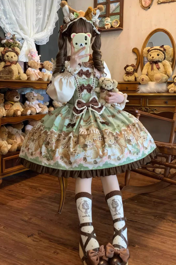 Green Squirrel Chocolate Shop Doll Collar Long Sleeves Printed Ruffled Bow Sweet Lolita Dress