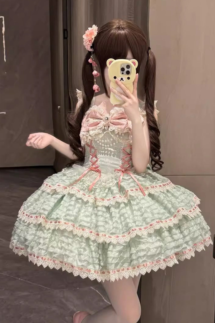 Green Song of Floral Letters Sleeveless Triple-Layered Bowknot Lace-Up Sweet Lolita Jsk Dress