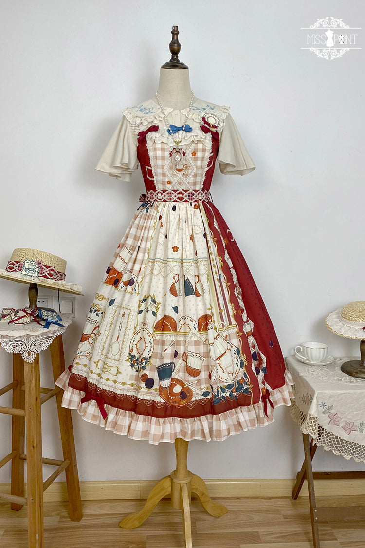 Red Tea Party Print Ruffle Bowknot Lace Sweet Elegant Lolita Jsk Dress
