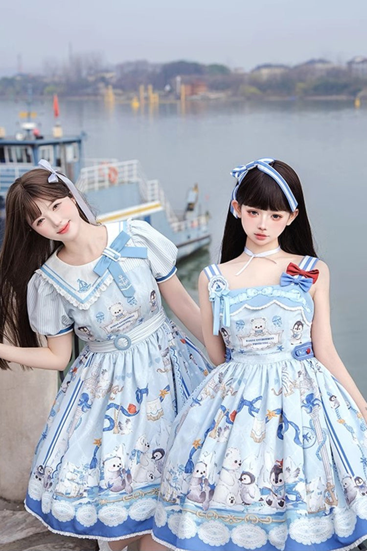 Blue Penguin Navy Print Ruffle Bowknot Sweet Princess Lolita Jsk Dress
