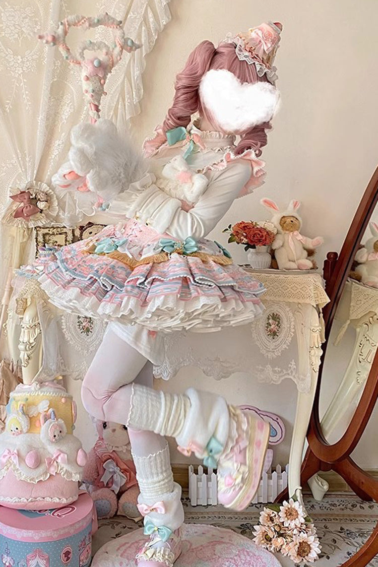 Pink Candy House Multi-Layered Print Ruffle Bowknot Lace-Up Sweet Ballet Lolita Jsk Dress