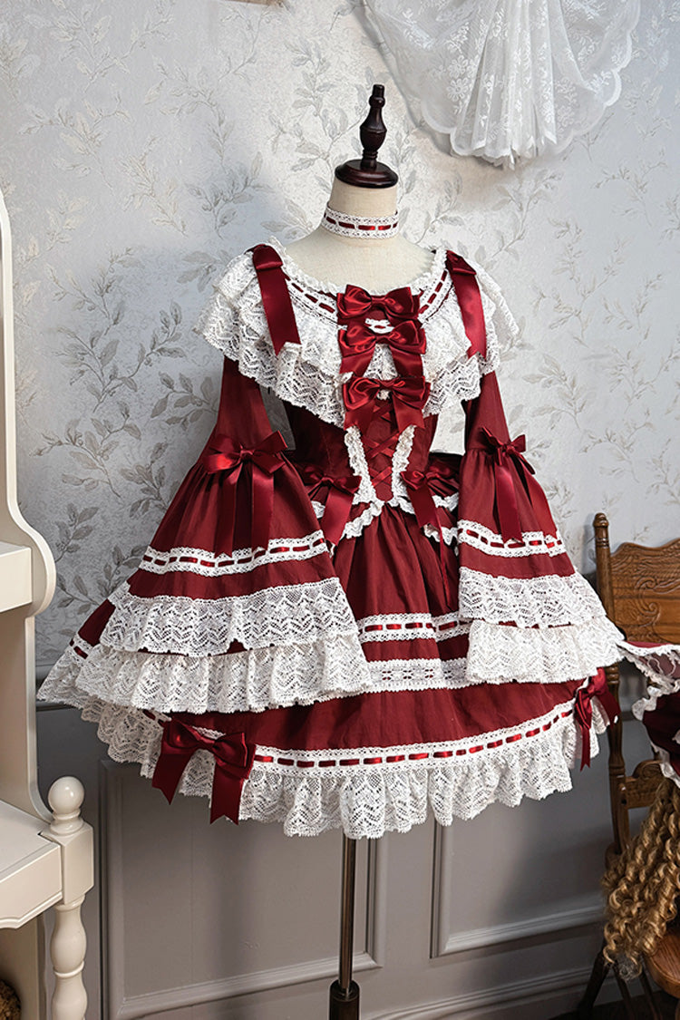 Wine Red Rabbit Sleeping Doll Long Trumpet Sleeves Ruffle Bowknot Lace Sweet Lolita Dress