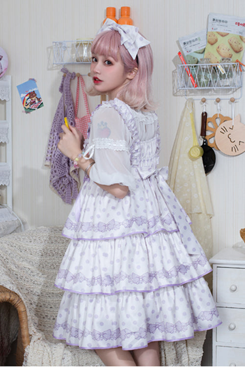 Polka Dot Print Sleeveless Bowknot Multi-Layer Ruffled High Waisted Sweet Lolita Tiered JSK Dress