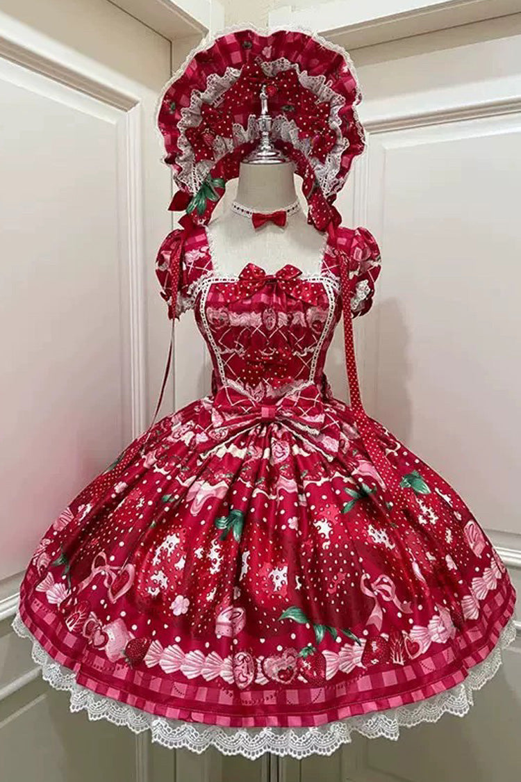 Dream to Strawberry Print Short Sleeves Ruffle Bowknot Lace Sweet Lolita OP Dress 4 Colors