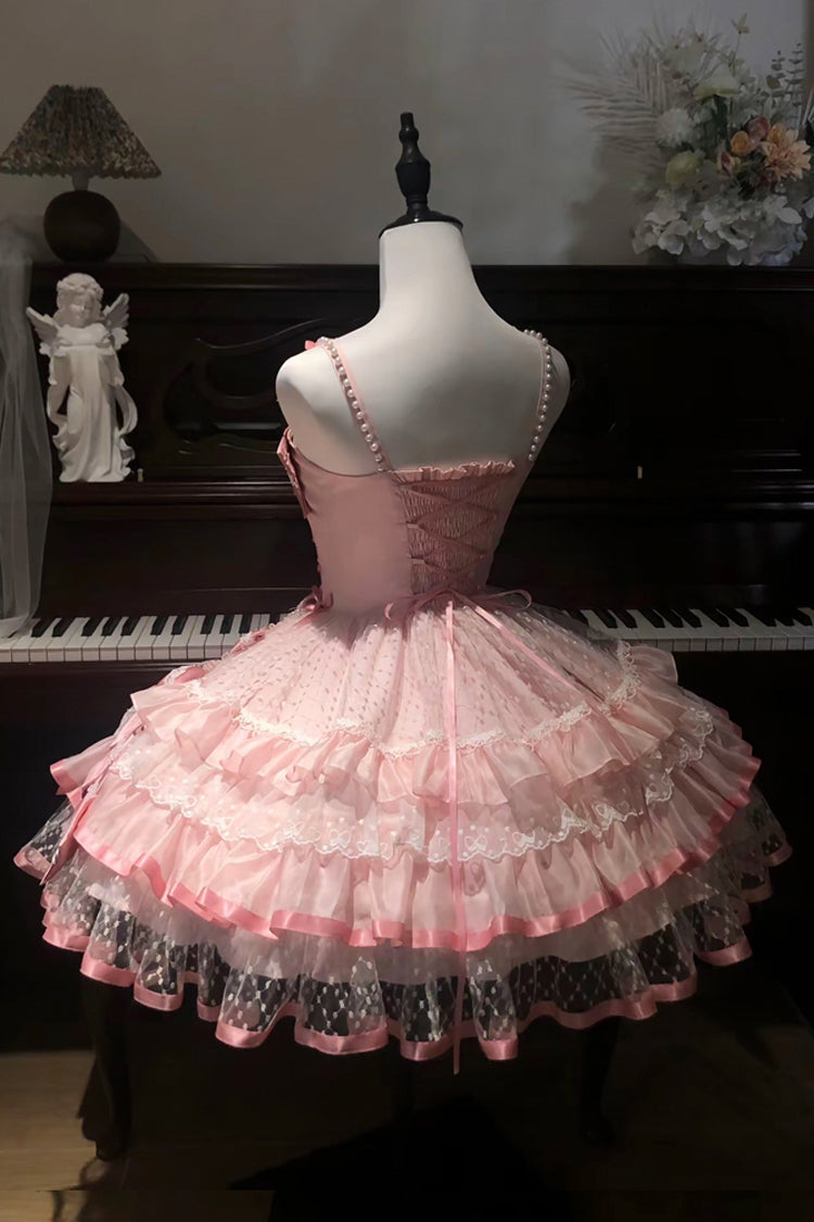 Pink Gem Love Sleeveless Triple-Layered Ruffle Bowknot Lace Sweet Ballet Lolita Jsk Dress