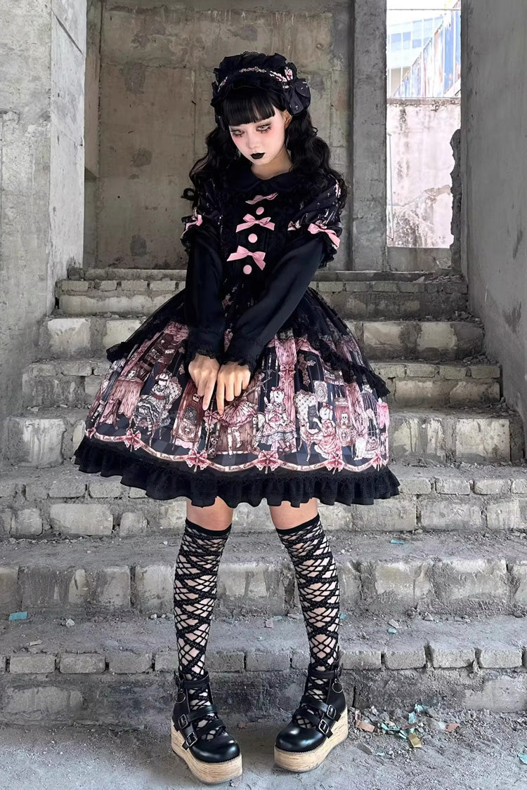 Black The Case of the Missing Lamb Print Long Sleeves Ruffle Bowknot Lace Gothic Lolita Dress