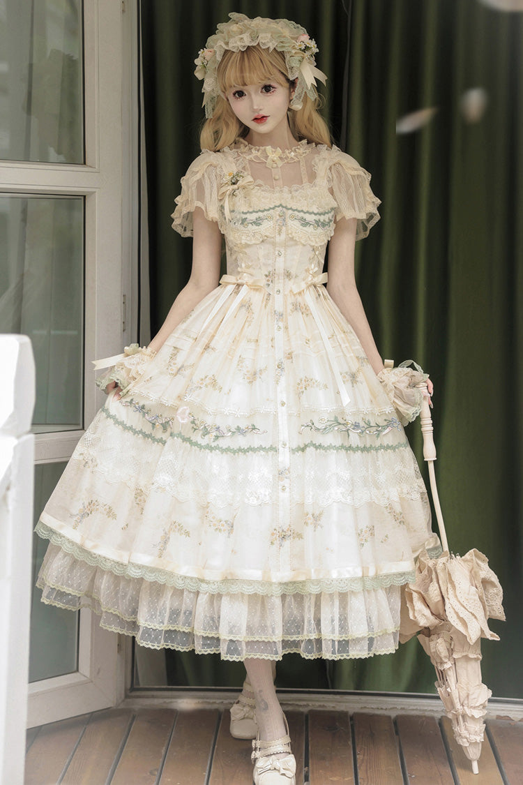 Multi-Color Daisy Poetry Print Ruffle Hollow Embroidery Lace Sweet Elegant Princess Lolita Jsk Dress