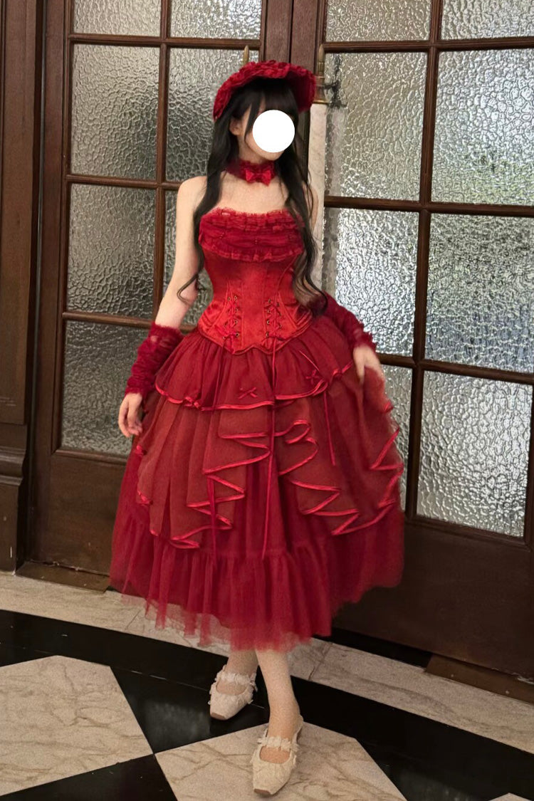 Red The Summer Waves Sparkle Square Collar Sleeveless Multi-Layered Ruffled Bow Lace-Up Slim Classic Lolita Skirt Set
