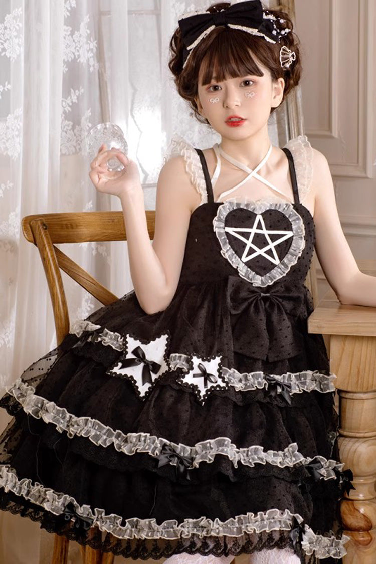 Black Du Meisha's Star Wish Sleeveless Triple-Layered Jacquard Ruffle Bowknot Sweet Gothic Lolita Jsk Dress